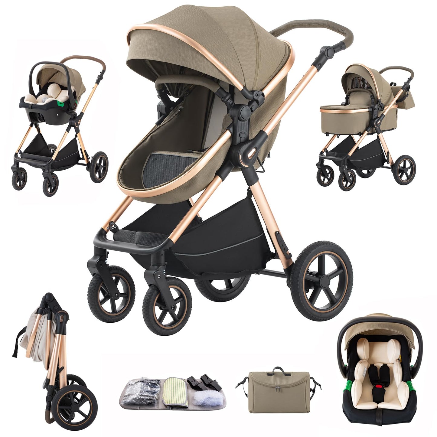 3 in 1 Pram Pushchair Aluminium Frame High Landscape Combined Buggy Lightweight Folding Stroller 3 in 1 Travel System Pram for Newborns Toddlers 0-36 Months from Birth (H9-Pink, H9)
