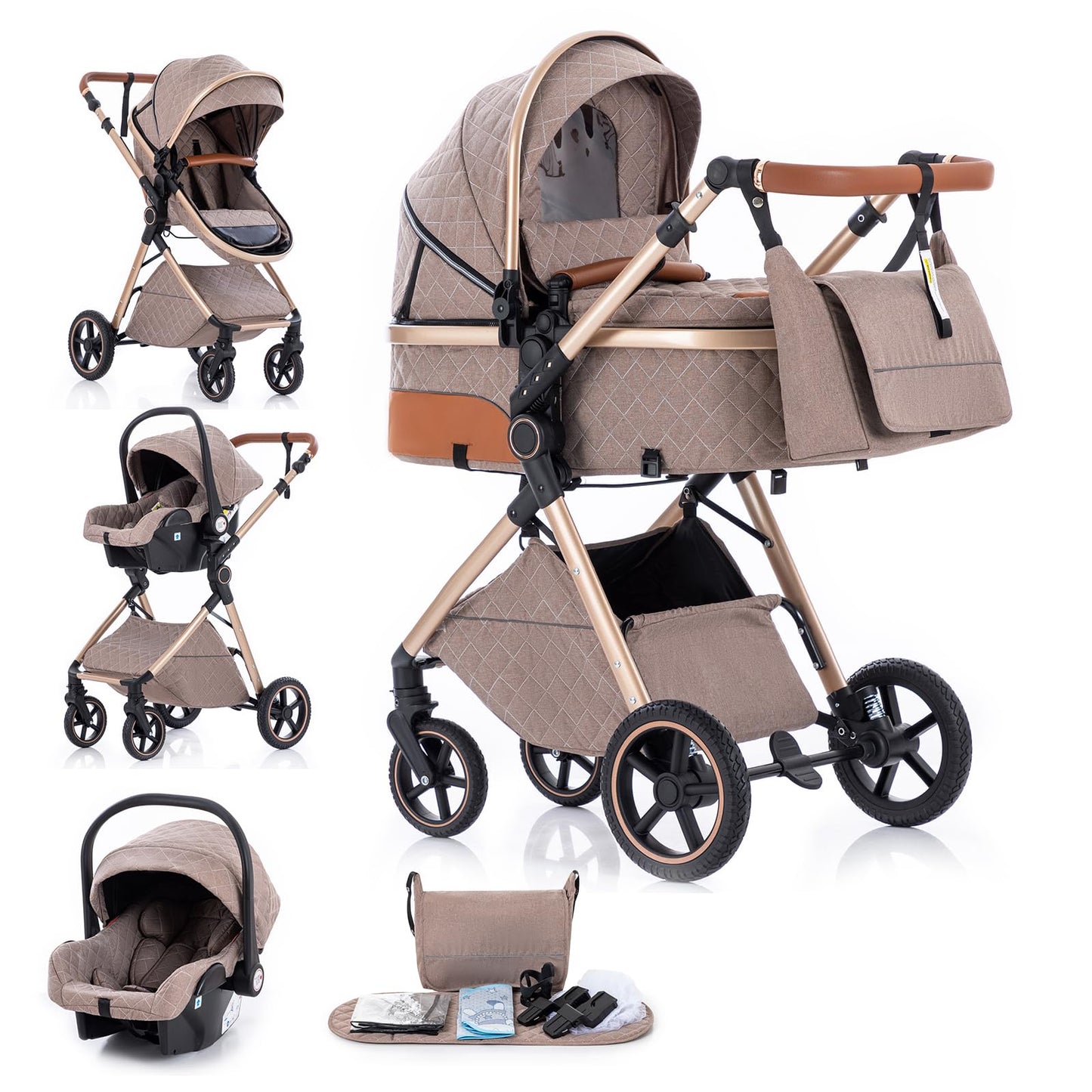 Gcarebb 3 in 1 Prams Travel System, Pushchair with Height Adjustable Handle, Travel Pram with Rain Cover, Baby Stroller with Aluminum Frame for Newborn