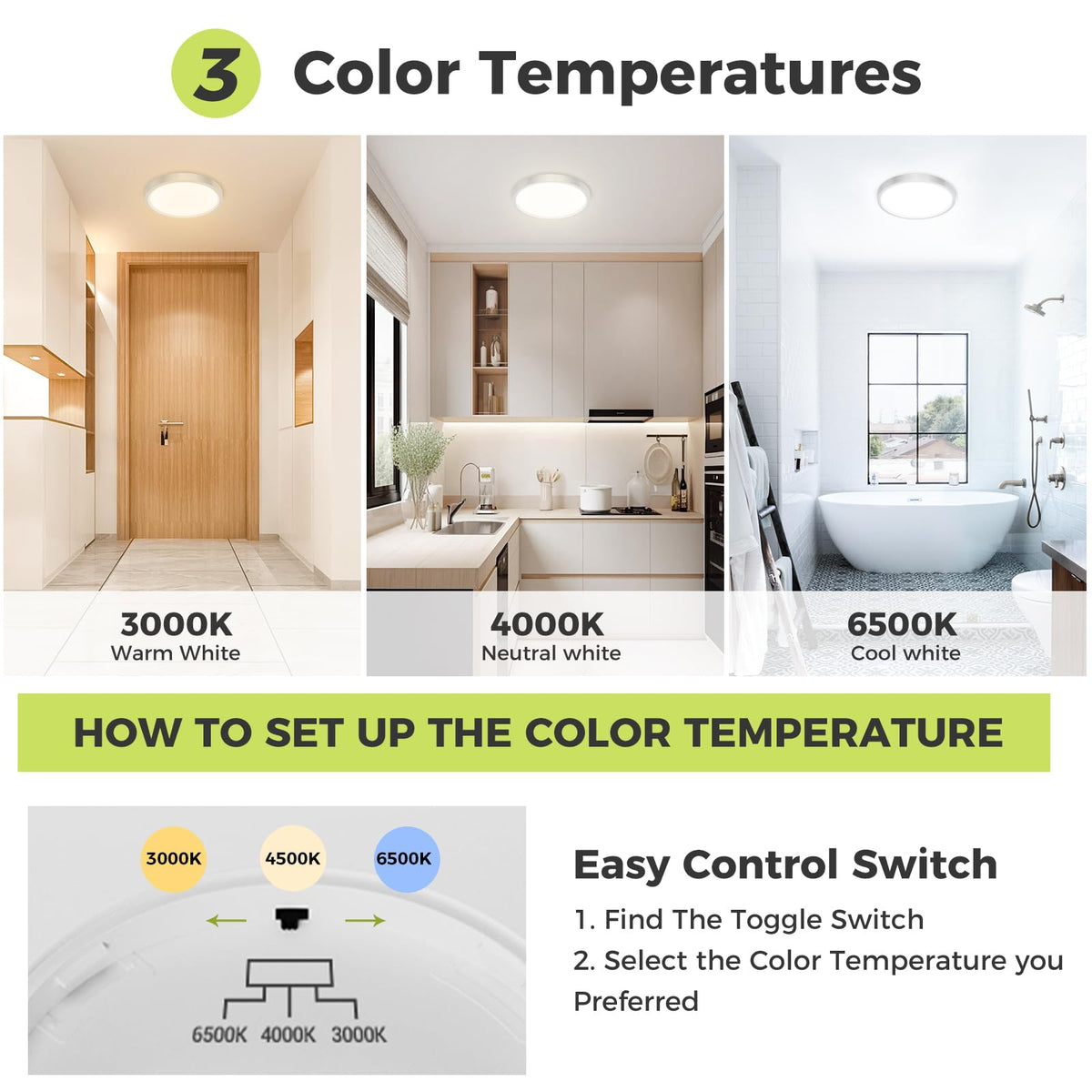 hepside Bathroom Light, 3000K/4000K/6500K 3 Color Temperature LED Ceiling Light, 15W 1500LM, Waterproof, Round, Small, Modern, Flush Ceiling Light for Bathroom, Kitchen, Bedroom, Black