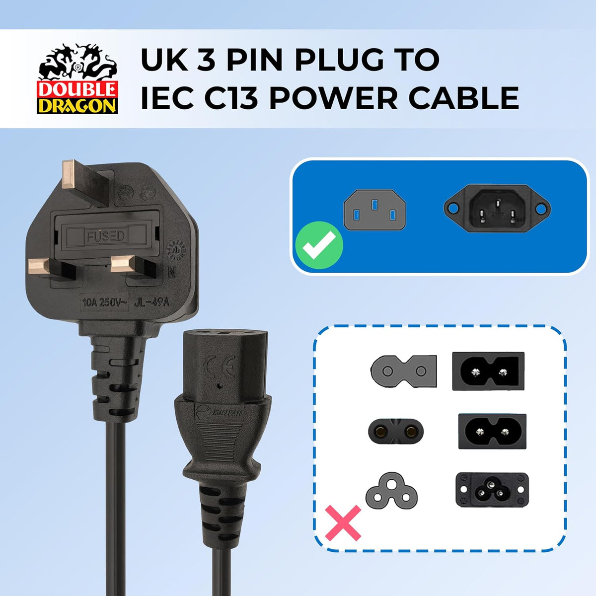 Double Dragon UK 3-Pin Plug to IEC C13 Power Cable – 1 Metre | 10A Fused BS1363 Plug | VDE Certified H05VV-F 3G 1.0mm² Copper Core | CE & BS Approved Black PVC Kettle Lead for PC, Monitor, Printer
