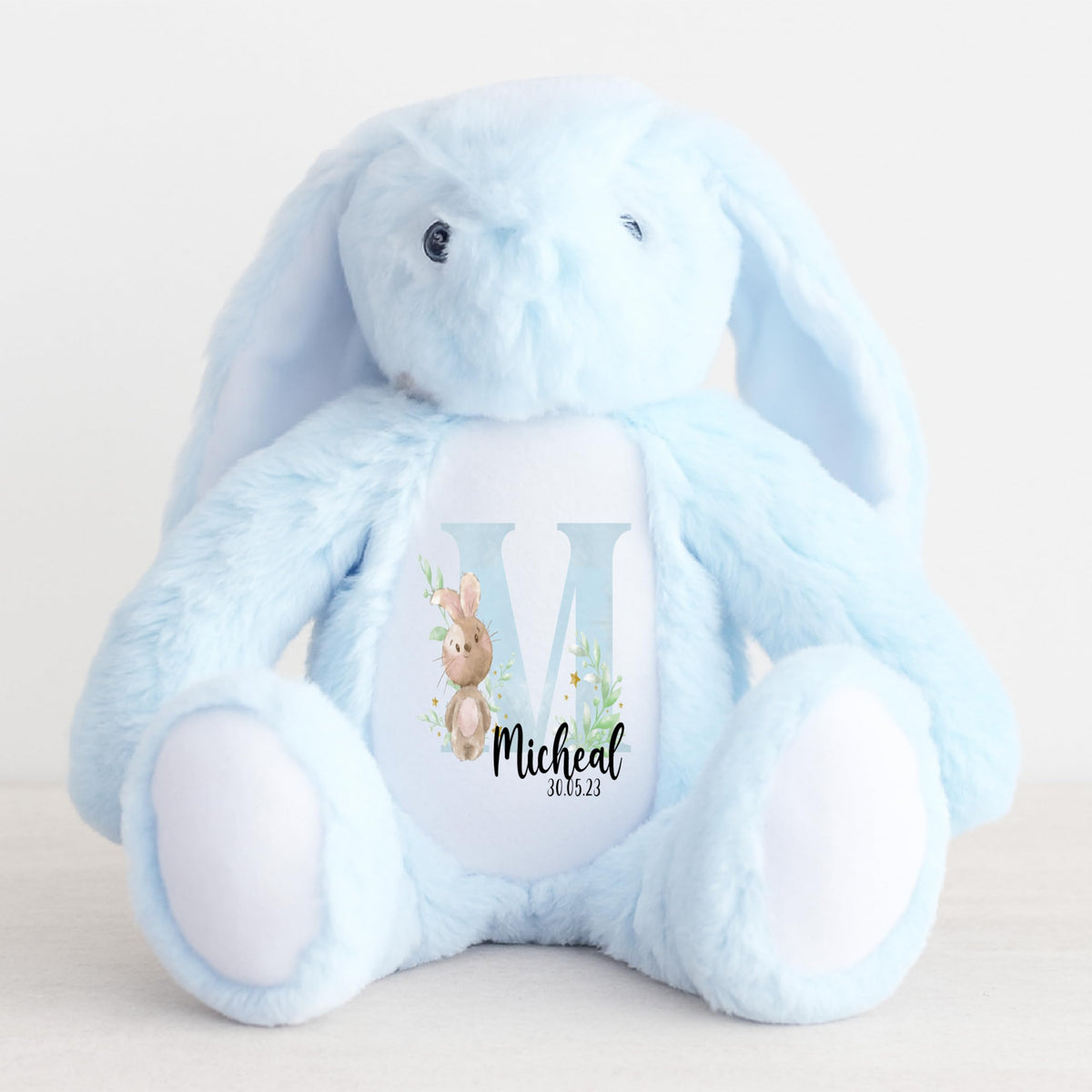 Crafted Memories - Personalised Teddy | Velveteen Bunny Soft Toy | Customisable Name for Newborns | Keepsake for Boys & Girls | Baby Shower Item | Pink Initial | Grey or White, 20-23cm