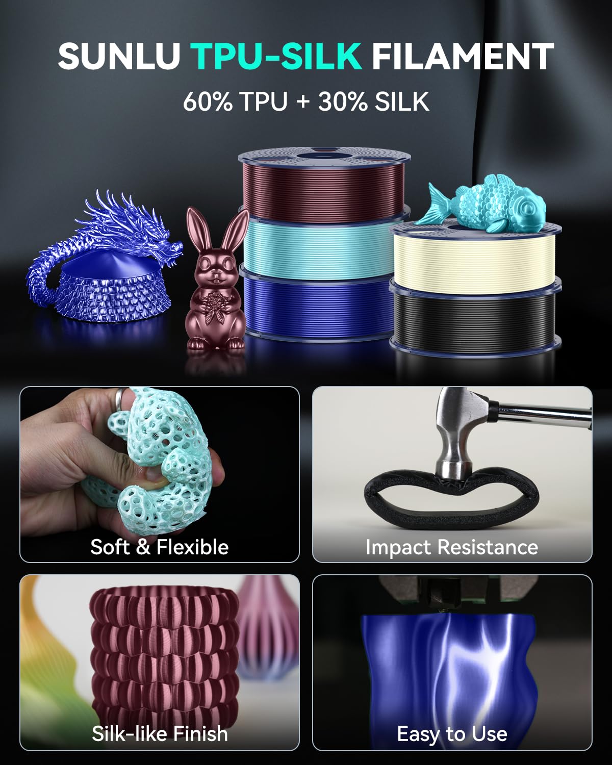 SUNLU Silk PLA+ Filament, Shiny Metallic Silk 3D Filament 1.75mm