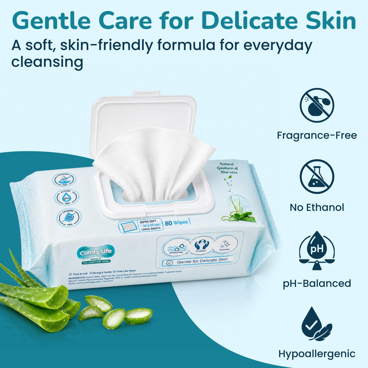 Comfy Life Premium Full Body Cleansing Wet Wipes For Adults - Large Luxury Fresh-feel Rinse-free Fragrance-free Bed Bath Incontinence Hygiene Intimate-care Soft Sheets (4 Pack (320 Wipes)