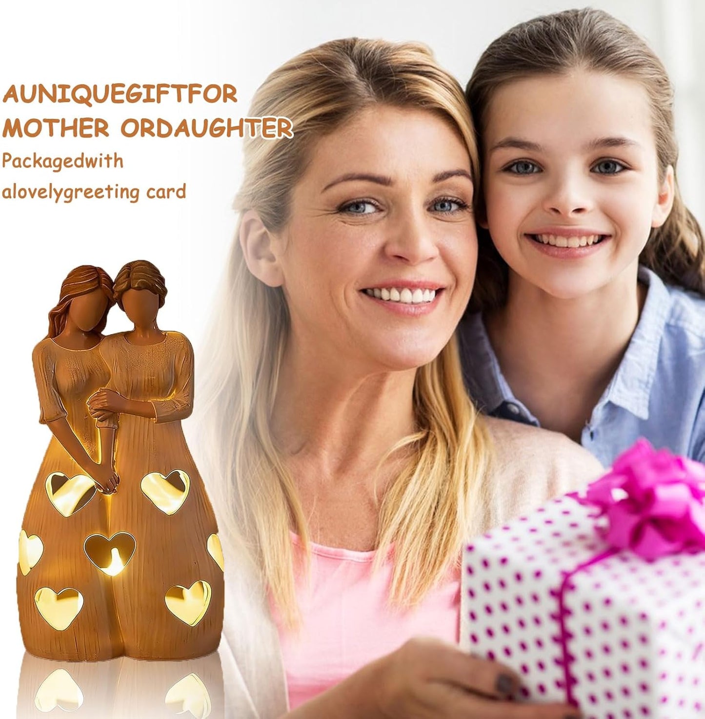 Mother and Daughter Candle Holder Statue, Gift for Mom From Daughter, Figurine Candle Holder with LED Flickering Candle, Resin Statue Ornament, Heartwarming Gift for Mum Birthday ﻿