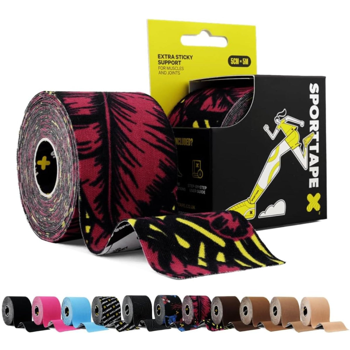 SPORTTAPE Kinesiology Tape, 5cm x 5m, Black - Waterproof, Hypoallergenic