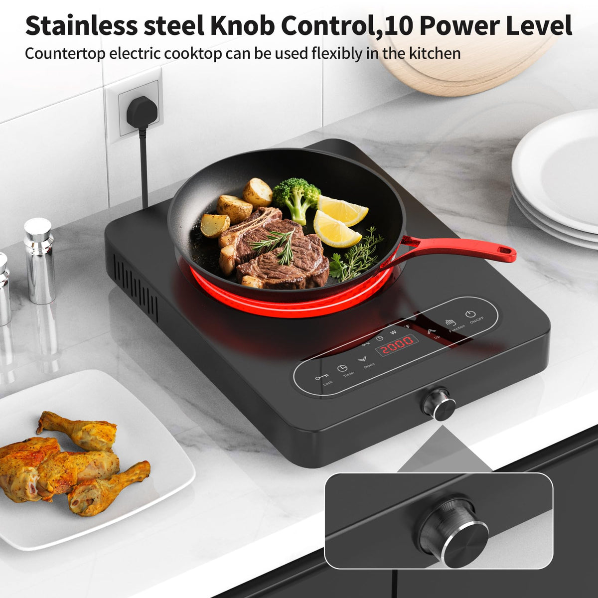 VBGK Double Induction Hob,220V 3600W 2 Ring Induction Hob with Knob Control,9 Power Levels, Kids Lock & Timer,LED Touch Control,Overheat Protection