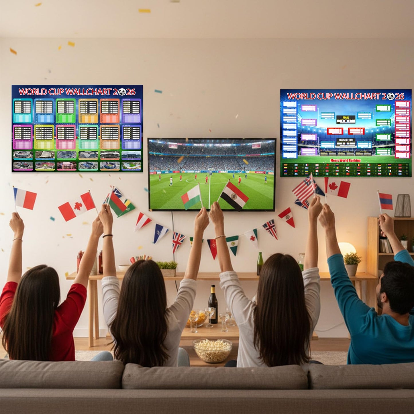 Aurblyn 11 Pcs World Cup Football 2026 Tournament Fixtures Folded Poster Handwritten Watercolour Pen World 8adhesive Backing 87x58cm For Bedroom For Men and Women Gifts for Fans (Background -4)