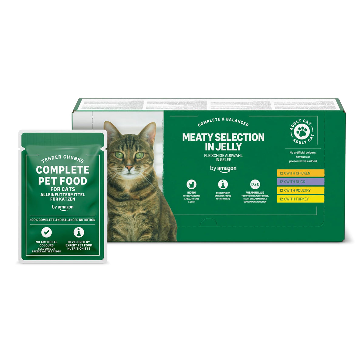 by Amazon Grain-Free Complete Wet Food for Adult Cats, Mixed Selection In Jelly, 4.8 kg (48 pouches of 100g)