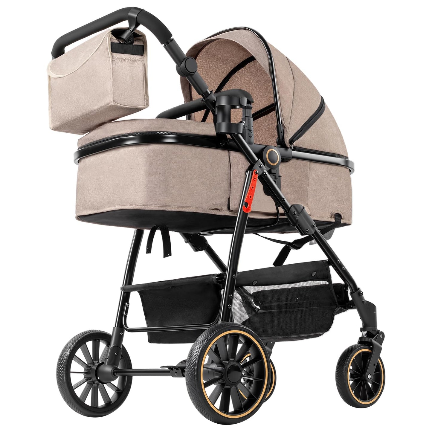 PU Leather 3 in 1 Pushchair Travel System, Toddler Stroller, Baby Pram 3 in 1, Infant Carriage with One-Click Folding, Newborn Buggy with Aluminum Frame (V6 Black)