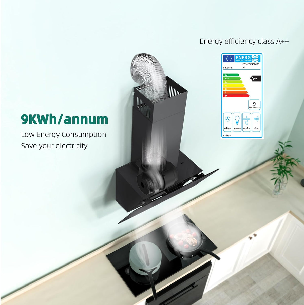 FIREGAS 60cm Angled Chimney Cooker Hood, Brushless Motor, 332m³/h, A++