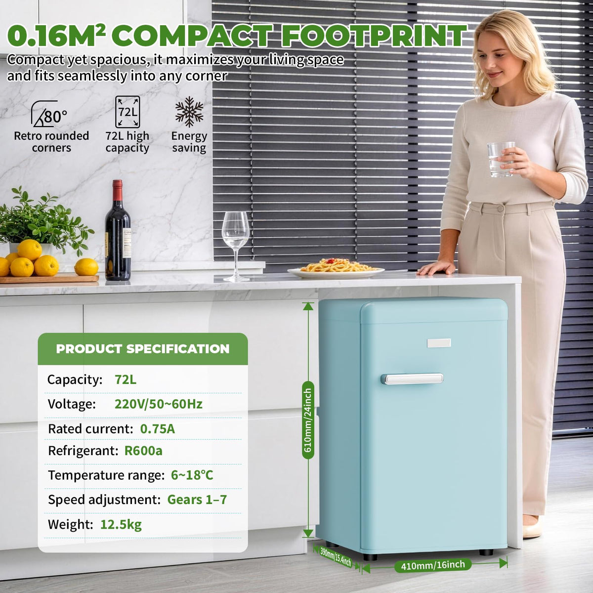 LIKEEM Retro Mini Fridge 72L, 43dB Quiet, Vintage LED Cooler, 7 Temp