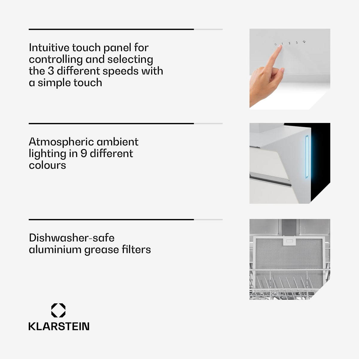 Klarstein Alina 90 Angled Cooker Hood - 615m³/h Air Flow, Touch Panel, LED Backlighting, Quiet 63dB, Energy Class A, 90cm Extractor Hood, Black