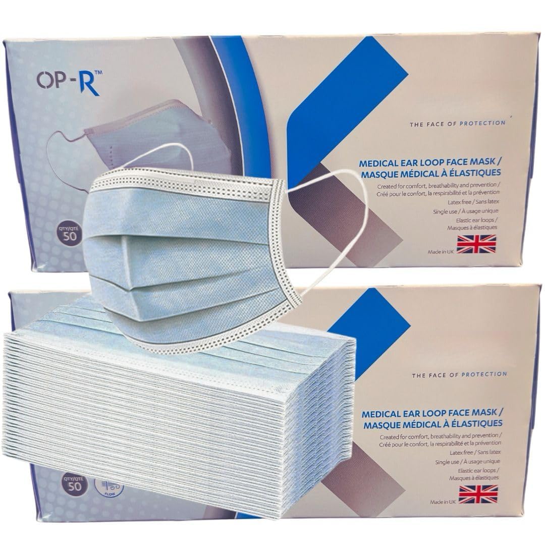 Premium Disposable Face Masks 100 Pack, Blue, 3-Ply Type IIR General Use Masks with Elastic Ear Loops, Breathable Triple Layer Protection for Men & Women