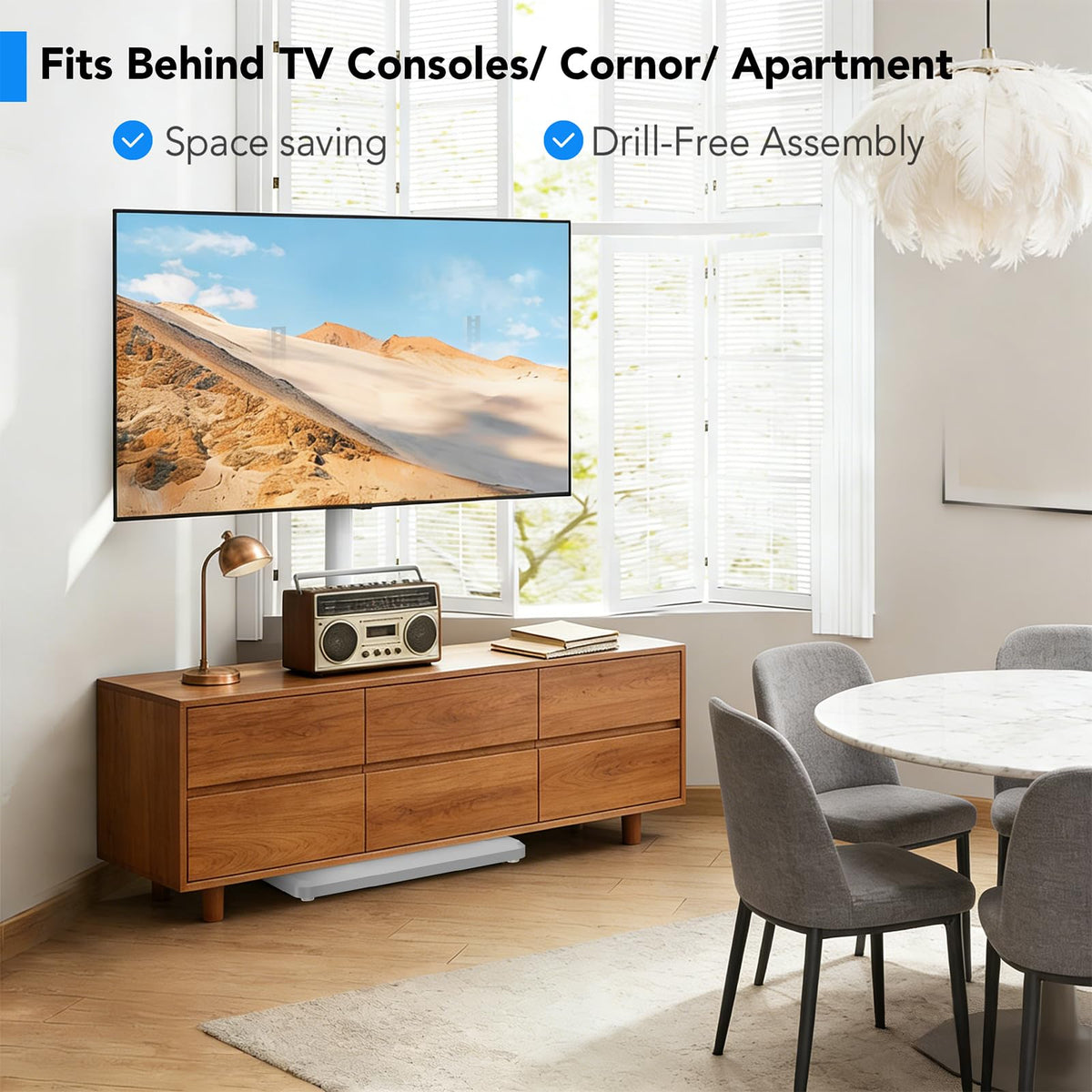 Floor TV Stand with Mount for 26-55 inch TVs up to 35 kg, Height Adjustable Swivel Tilt TV Stand with Wood Base & Shelf, Saving Space Design for Bedroom, Living Room and Corner, White