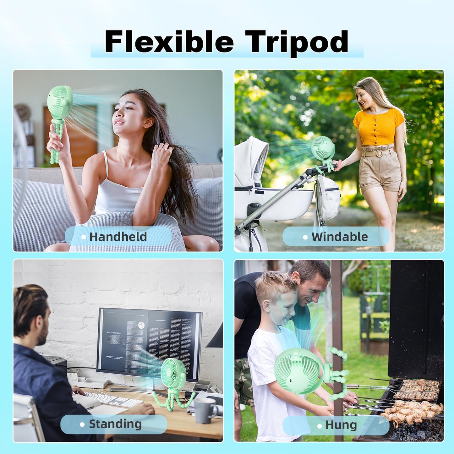 Baby Stroller Fan,20H Work Time Buggy Battery Powered Clip on Fan with Flexible Tripod Travel Beach Essentials for Car Seat Pram Crib Bike Treadmill Umbrella Wheelchairs Camping
