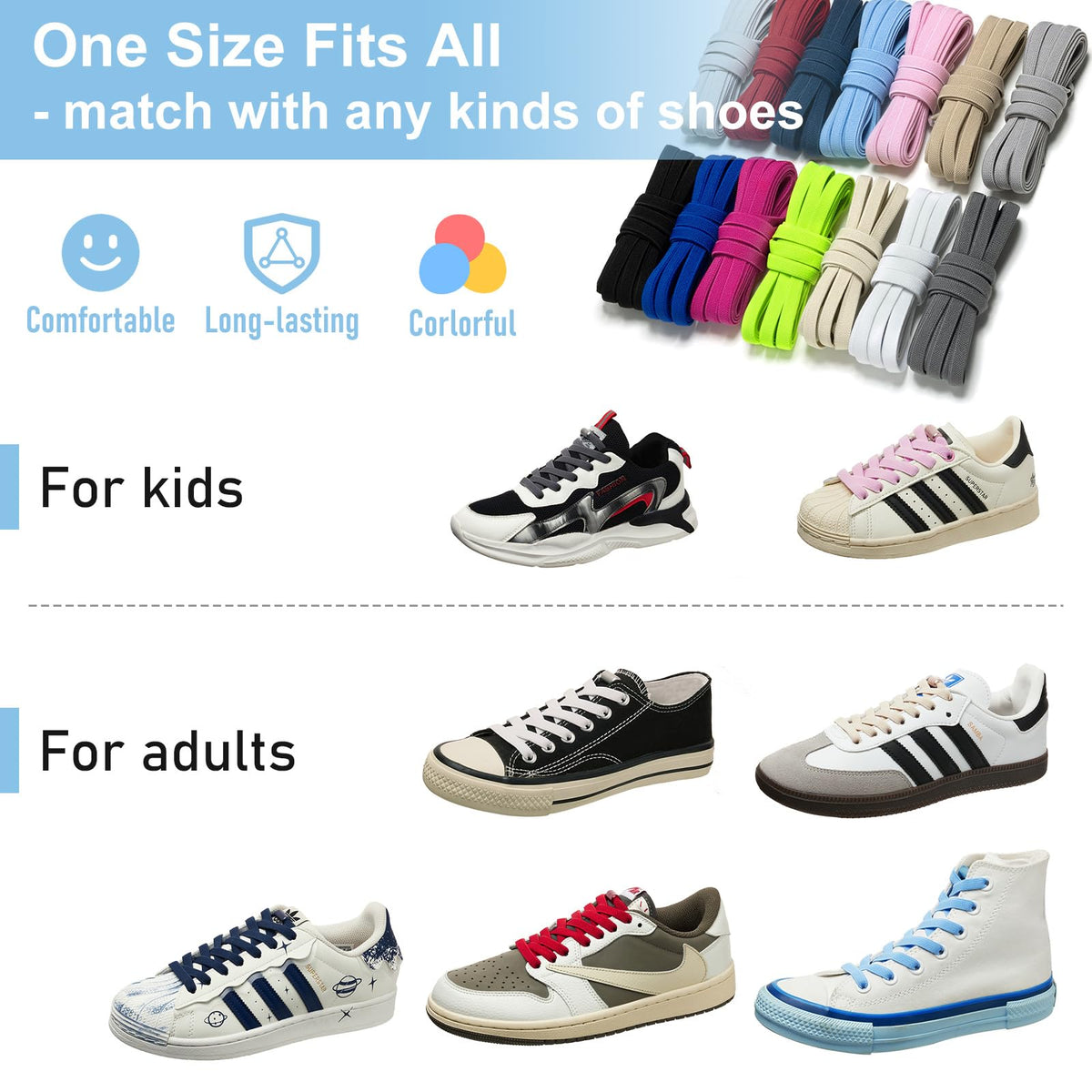 2 Pairs Elastic Shoe Laces for Trainers, 8mm Shoelace
