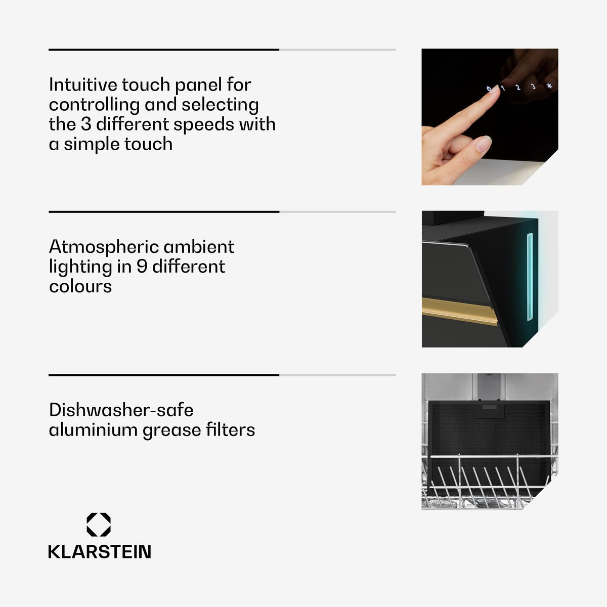 Klarstein Alina 90 Angled Cooker Hood - 615m³/h Air Flow, Touch Panel, LED Backlighting, Quiet 63dB, Energy Class A, 90cm Extractor Hood, Black