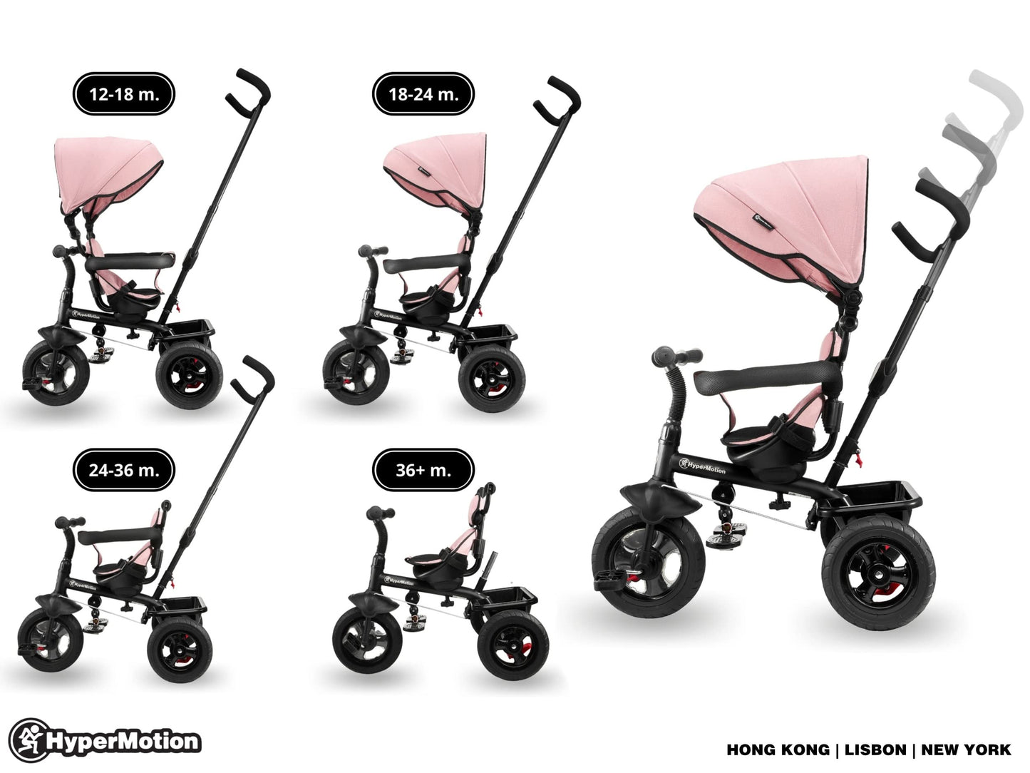 HyperMotion Toddler Tricycle with Parent Handle, Canopy, Safety Belt & Basket — From 12 Months