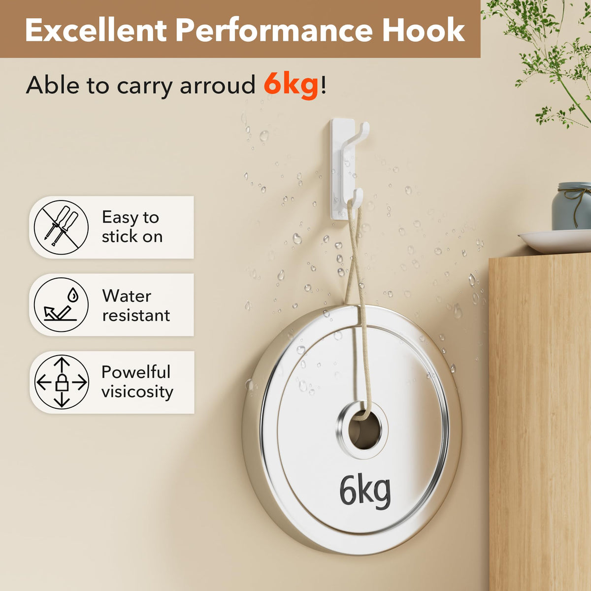 pickpiff Self Adhesive Hook, 6KG Extra Sticky and Strong, Black 4 Pack