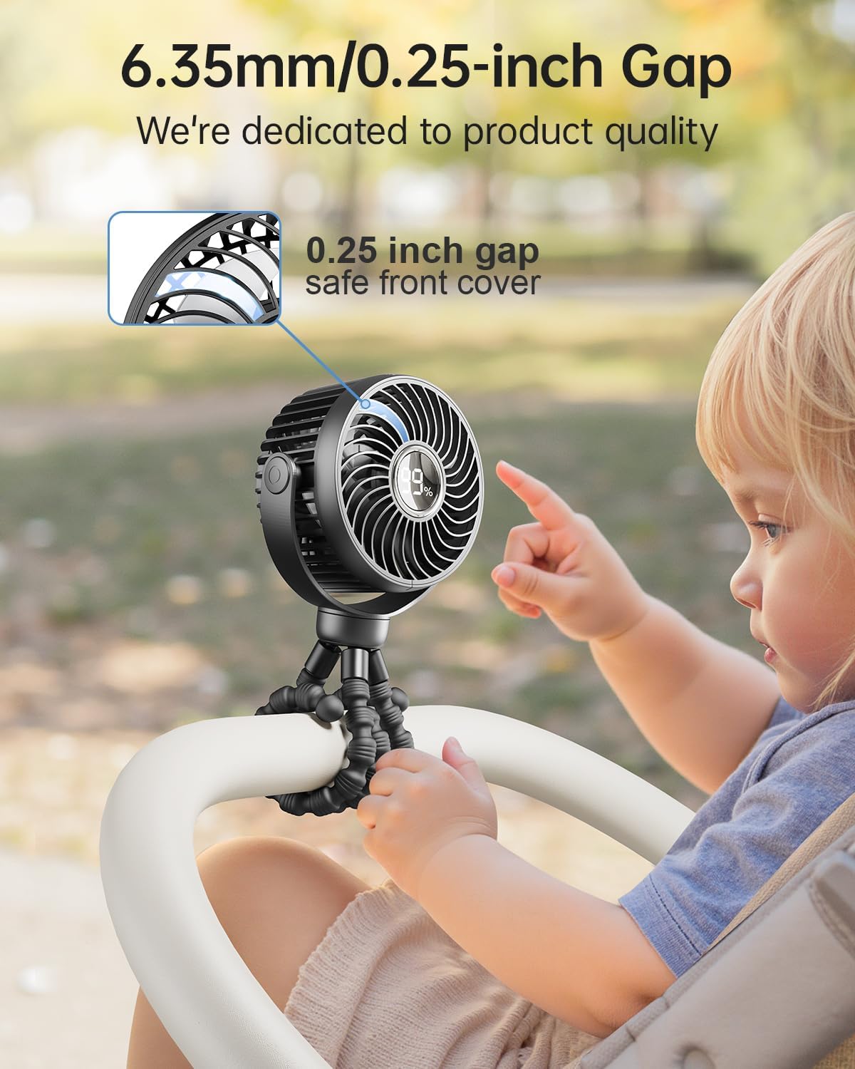 Pram Fan, Rechargeable 4-Speed Clip On Fan, Digital Display, Black