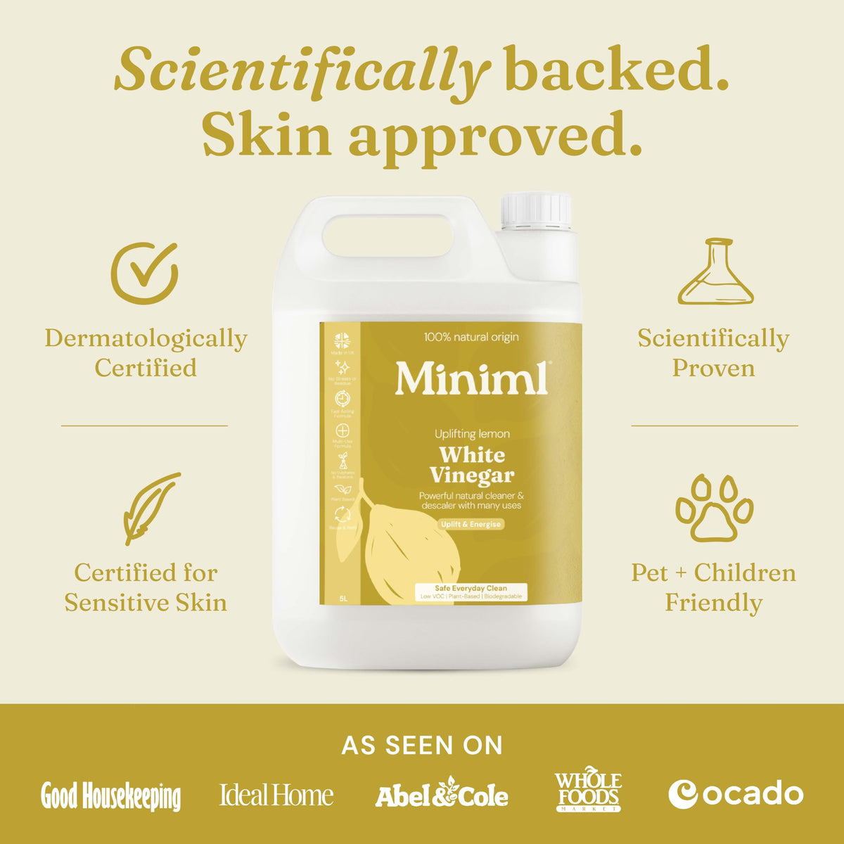 Miniml Eco White Vinegar Cleaning Unscented 750ml - All Natural Multi-Surface & Multi-Purpose Cleaner, Limescale Remover, Laundry Softener & More - 100% Vegan & Cruelty Free