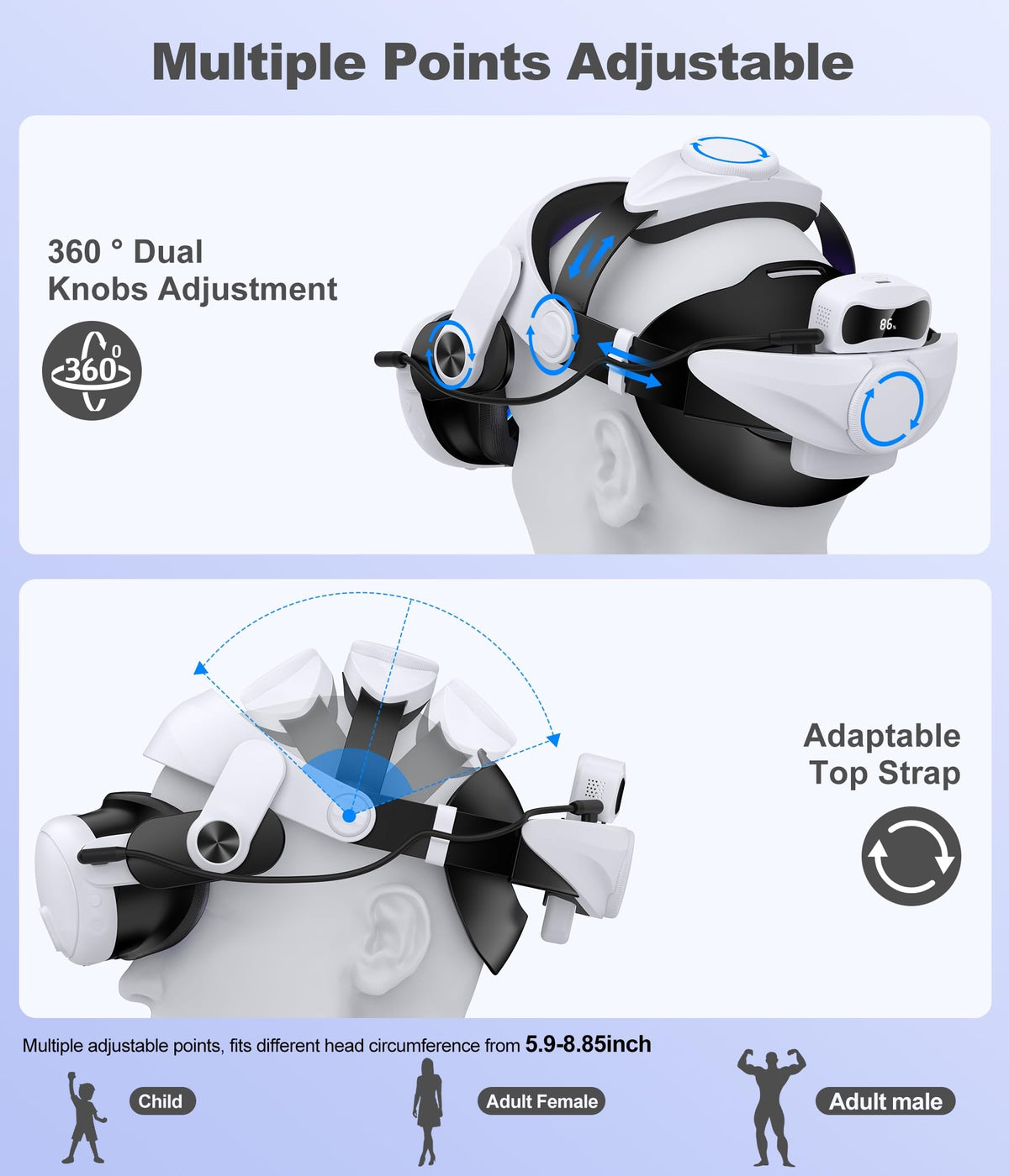 Comfortable Head Strap for Meta Quest 3S/3/2 with 7500mAh LED Display Battery Bank,VR Headset Elite Strap Replacement,All-Directional Adjustable Oculus Headstrap,Enhanced Support & Reduce Pressure