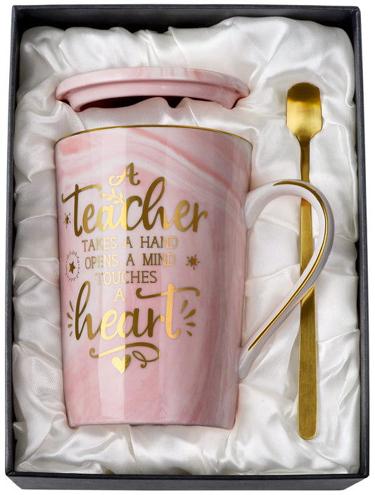 Unique Teacher Appreciation Gifts for Women - Best Teacher Gifts for Teachers, 14oz Pink Marble Ceramic Coffee Mug Printed with Gold, Retirement Birthday Graduation Ideas, End of The Year, Gift Boxed