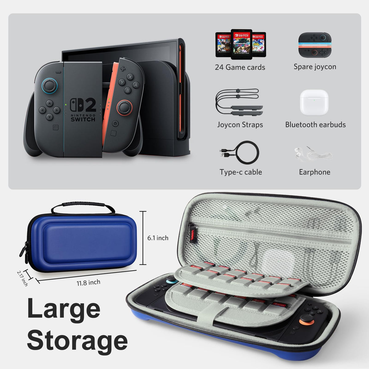 CoBak Large Capacity Carrying Case for Nintendo Switch 2 2025- 3 in 1 Black