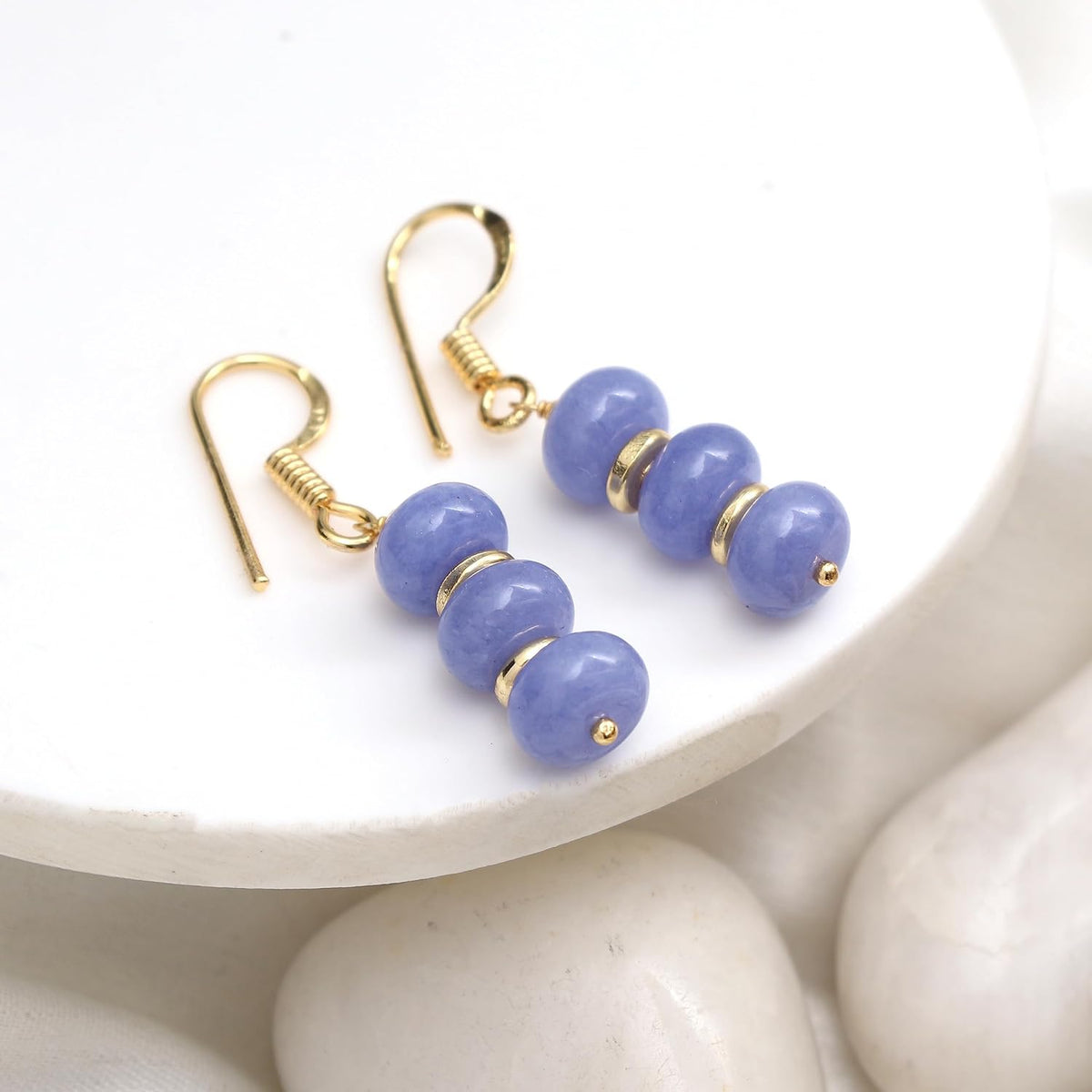 Gempires Natural Gemstone Rondelle Bead Earrings for Women | 8mm Beaded Drop Dangle Earrings | Gold Plated Hypoallergenic Hook Jewelry | Handmade Lightweight Crystal Earrings