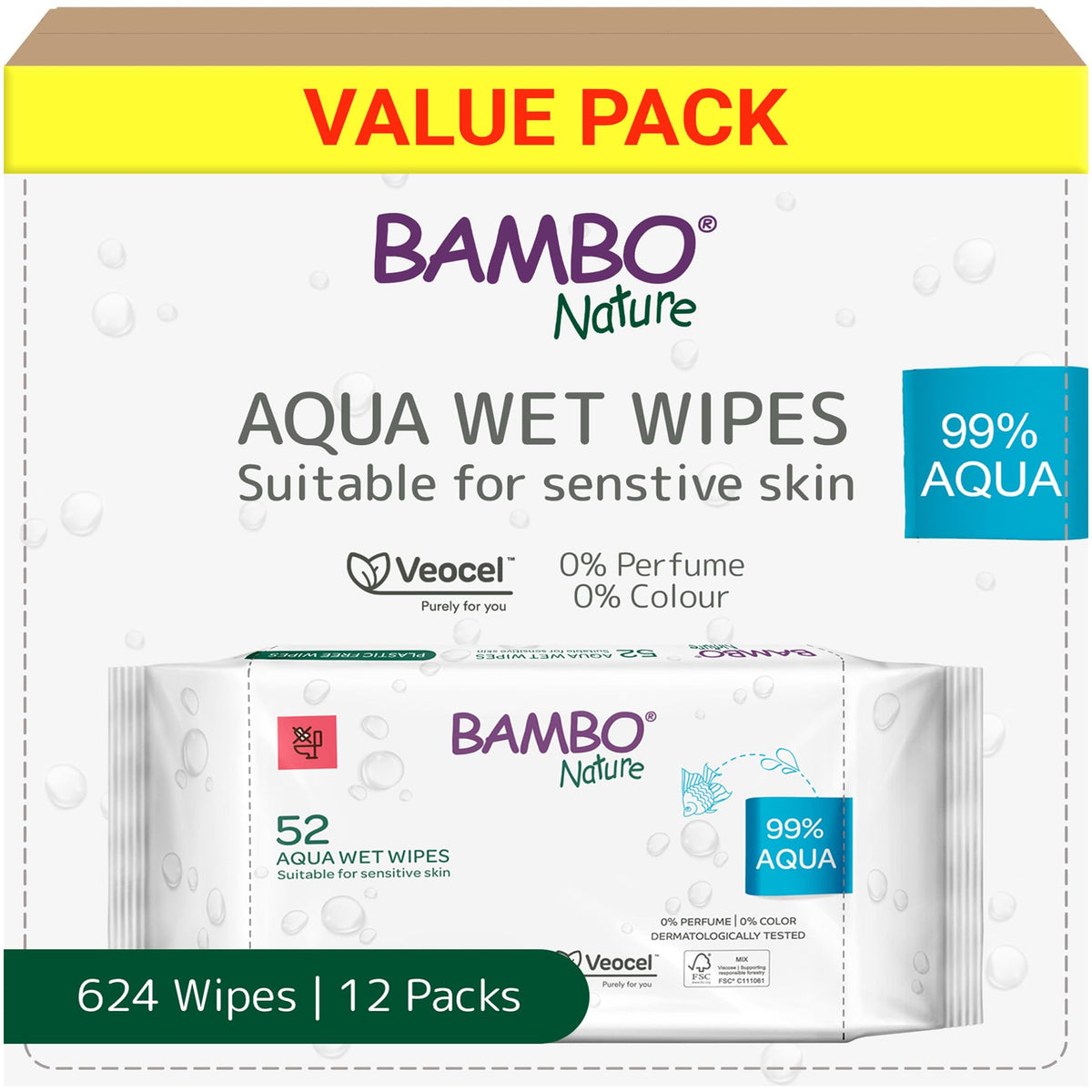 Bambo Nature Aqua Wet Wipes, 1 Pack (52 Wipes), 99% Water, Sensitive Skin Safe, Extra Soft Baby Wipes with 100% Veocel Viscose, Irritation Free for Delicate Skin, Fragrance Free, Ideal for Daily Use
