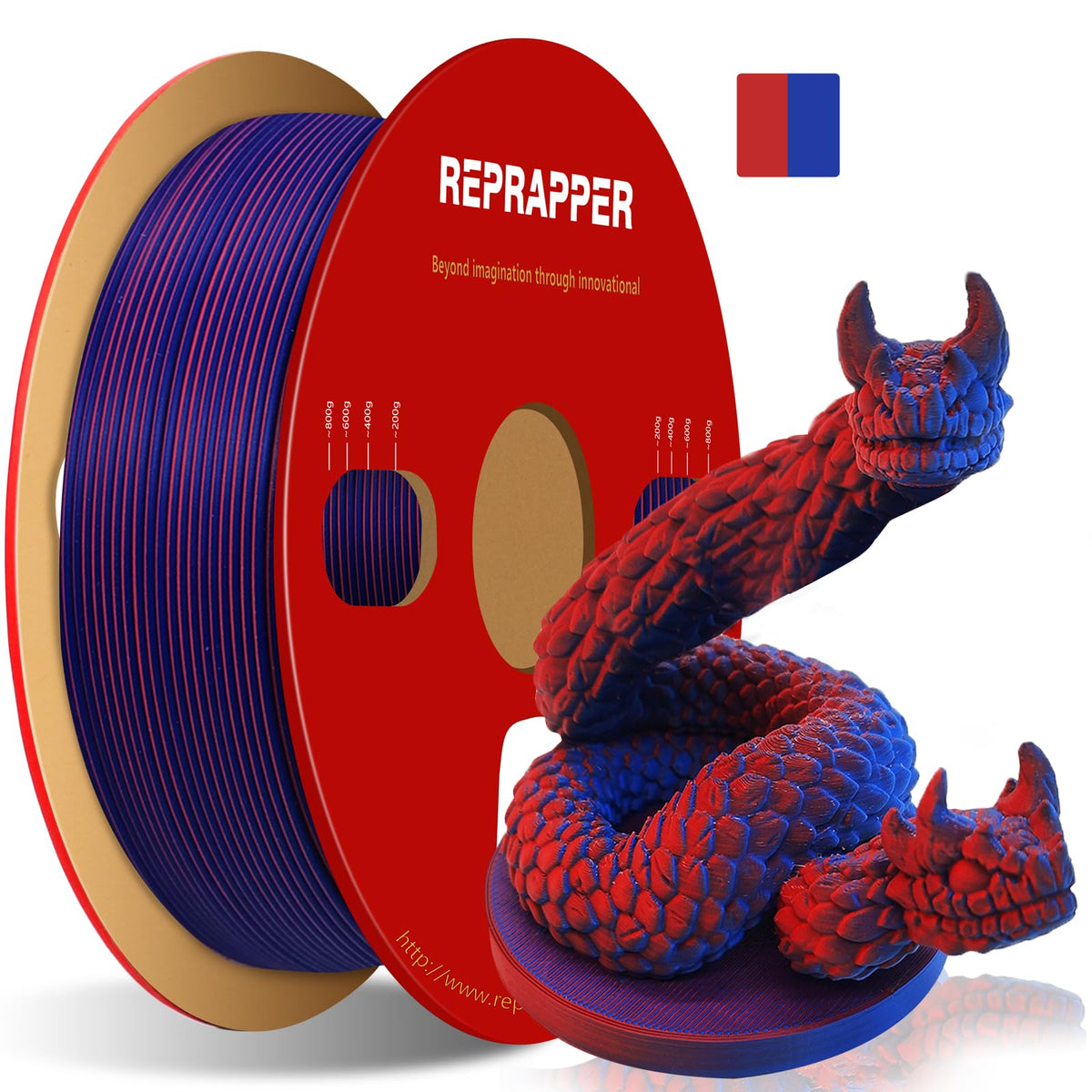 Reprapper 4X 250g Color Pack – Dual Color PLA Filament 1.75mm for 3D Printer & 3D Pen, Multicolour Filament, 4 x 250g Matte Red/Blue, Matte Purple/Green, Silk Red/Blue, and Silk Purple/Green
