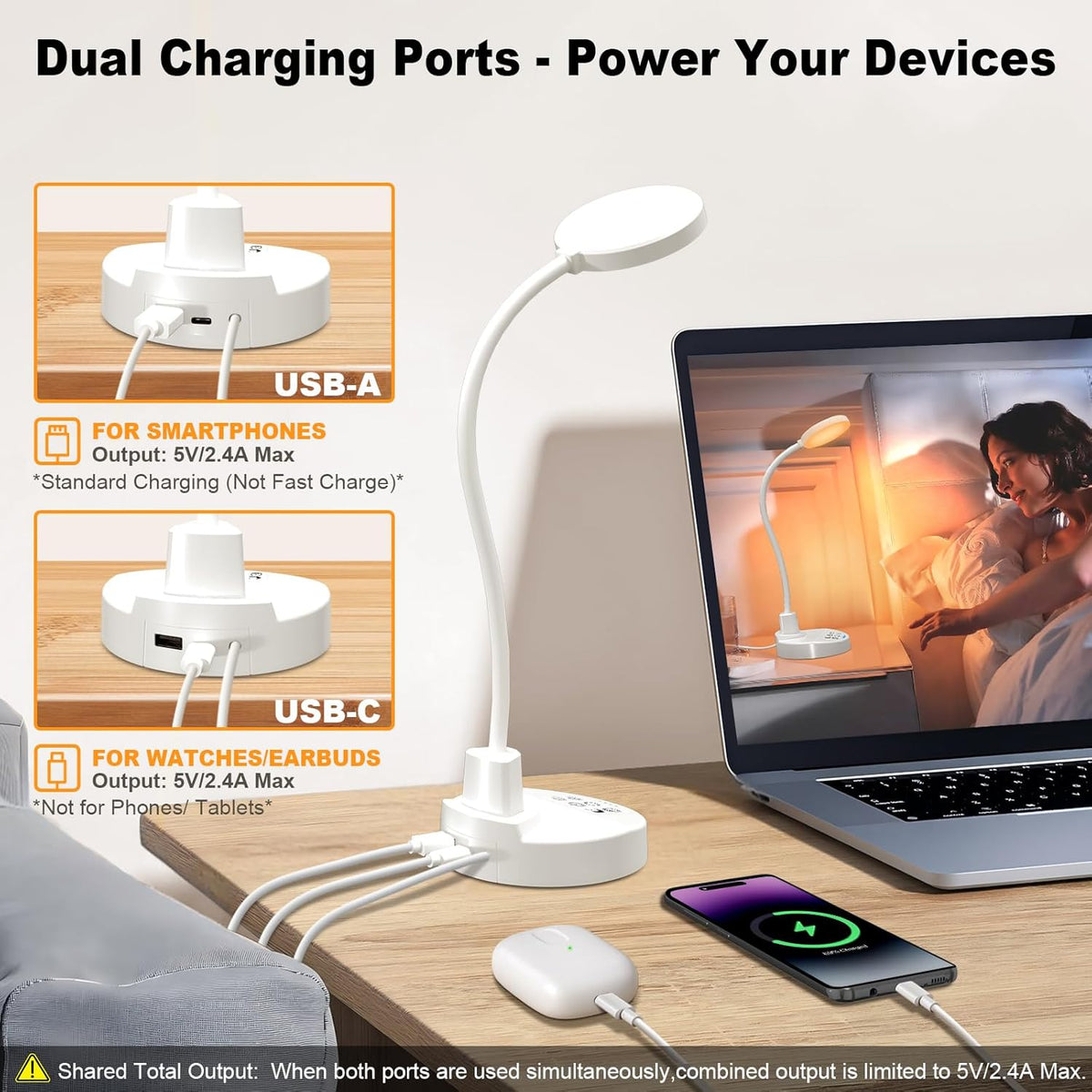 60 LED Desk Lamp with USB Charging Ports – Dimmable Table Lamp with 3 Color Temps, 5 Brightness, 4 Timers, 15W Flexible Gooseneck Light with Base, Eye-Caring Reading Light for Home Office, Bedroom