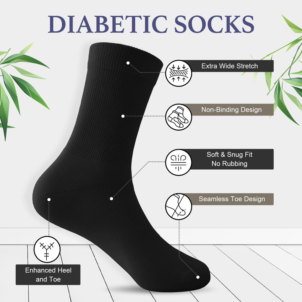 Niorasen Men's Extra Wide Diabetic Bamboo Socks, 3/6 Pairs