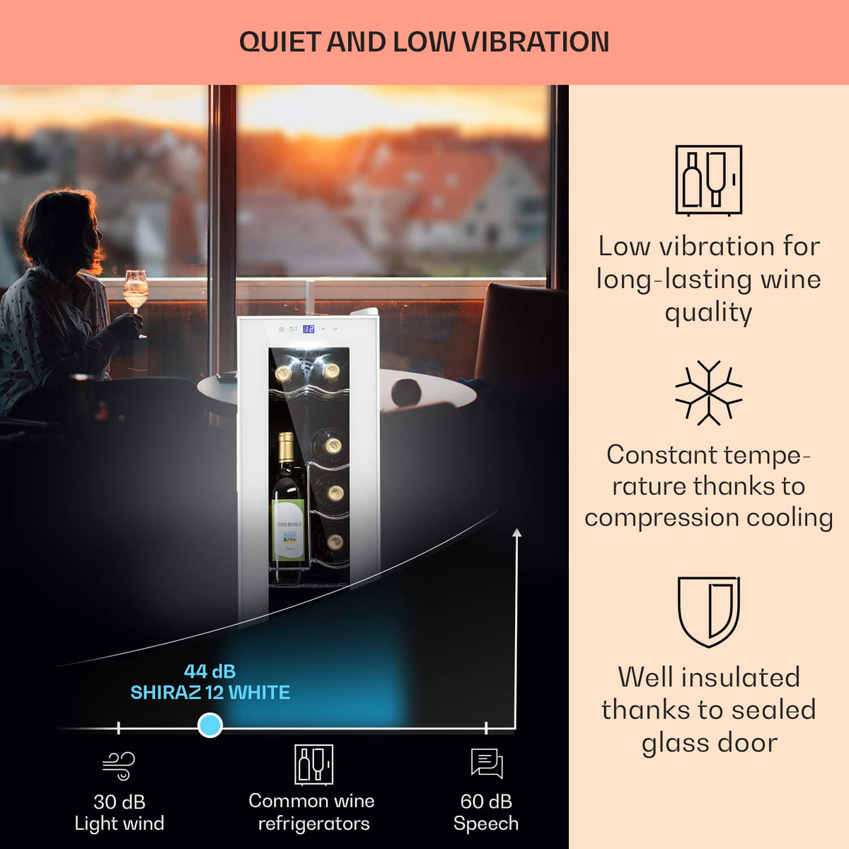 KLARSTEIN Shiraz Wine Cooler Black – 8 Bottles, 1 Zone | Freestanding Wine Fridge with Glass Door, Quiet, 5–18 °C, LED, Stainless Steel Frame
