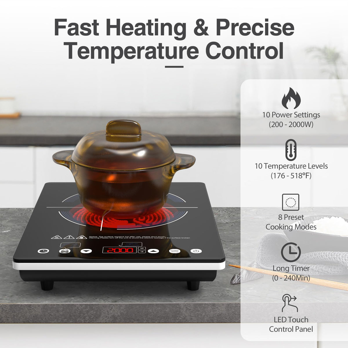 VBGK Portable Ceramic Hob, 2000W Portable Electric Hob, Electric Ceramic Hob, Single Cooking Zone with LED Display, 4-Hours Timer, Safety Lock, Residual Heat Indicator