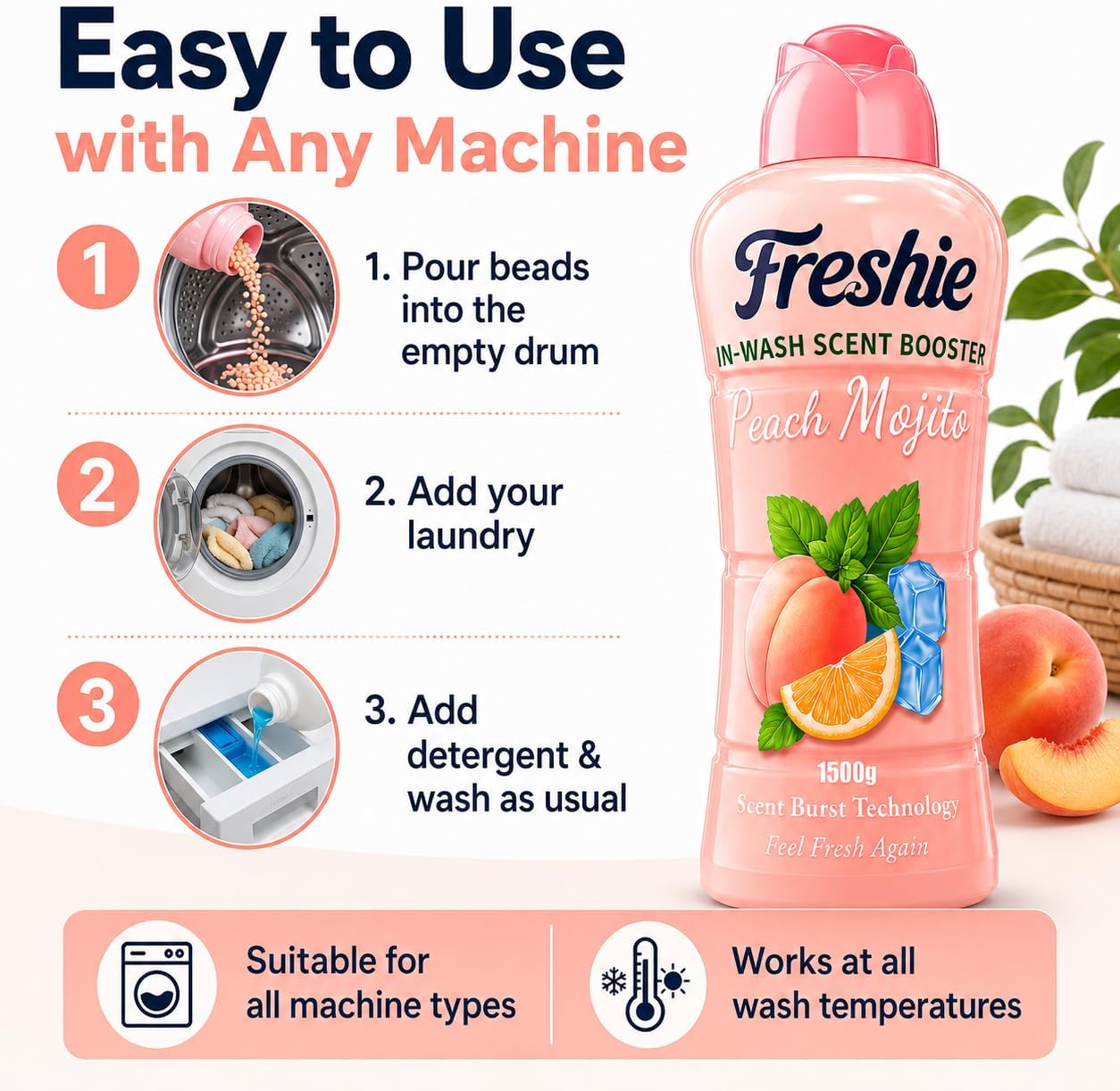 Freshie Scent Booster Laundry Beads 1500g, Peach Mojito Scent, In-Wash Scent Booster for Freshness Long-Lasting Fragrance, Up to 100 Washes, Granules