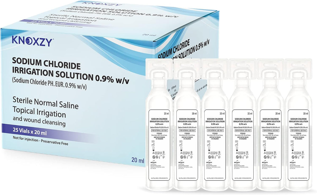 KNOXZY Sterile Saline Pods | Eye Wash | Wound Cleansing | Topical Irrigation | 25 x 20 ml sterile Pods