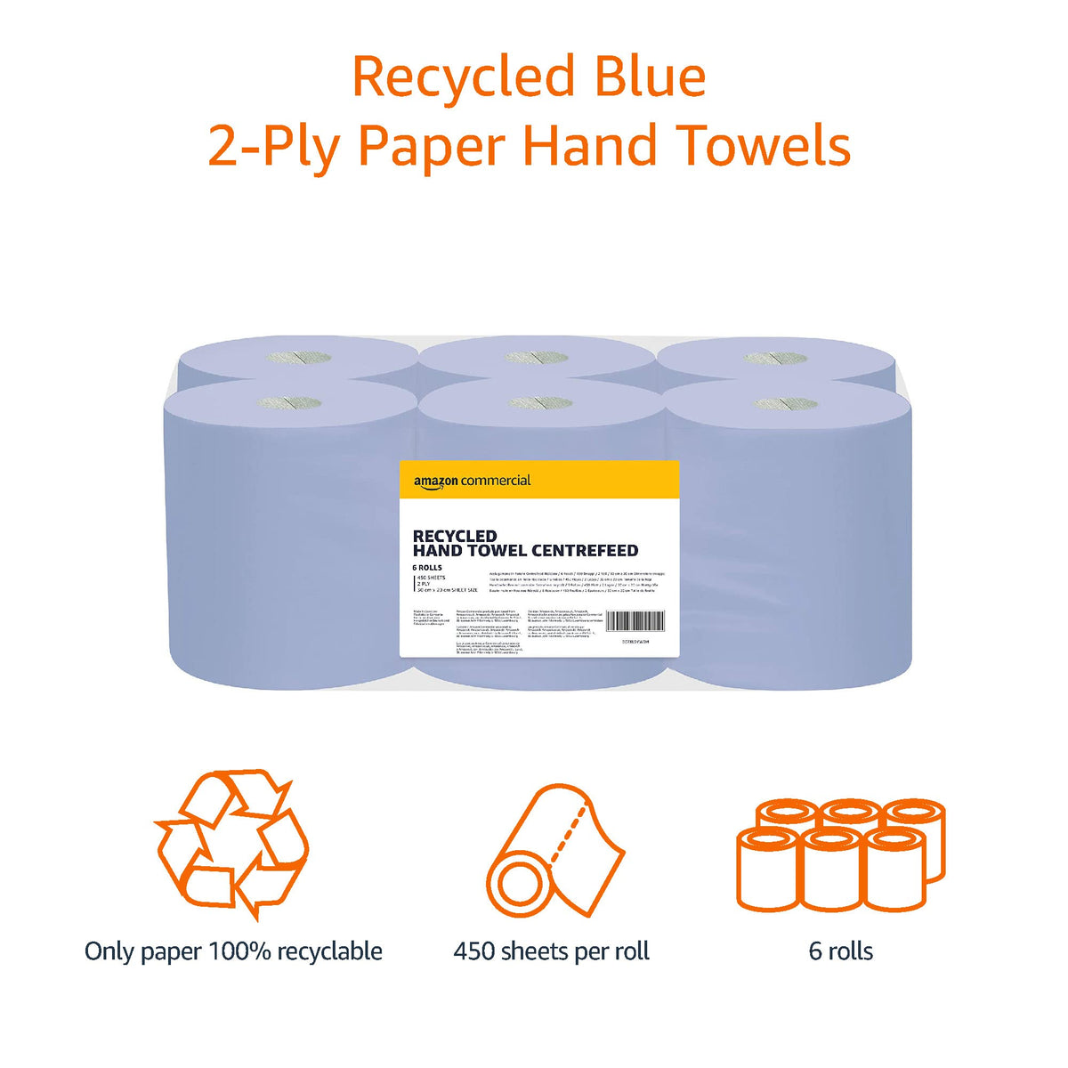 AmazonCommercial Standard Multipurpose Paper Towel, 2-ply Centrefeed, Blue Roll Recycled, 6 Rolls (1 Pack), 415 Sheets per Roll, Sheet Size: 16.5 x 29 cm