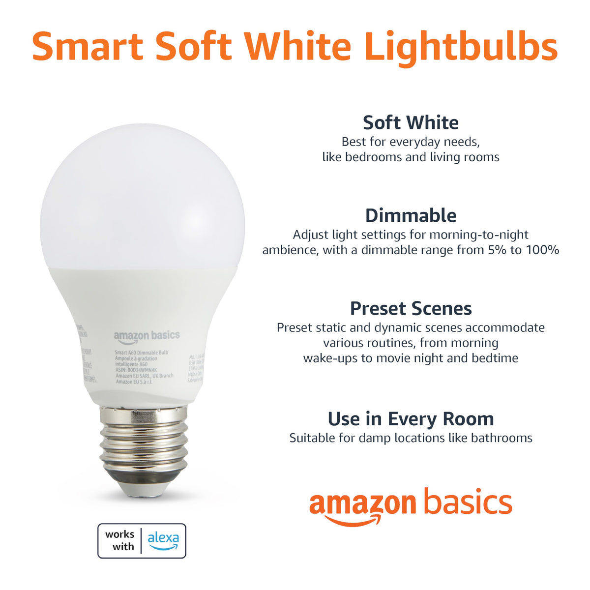 Amazon Basics Smart Dimmable LED Light Bulb, B22 Base, Soft White, 8W (60W Equivalent), Works with Alexa Only, 1 Pack