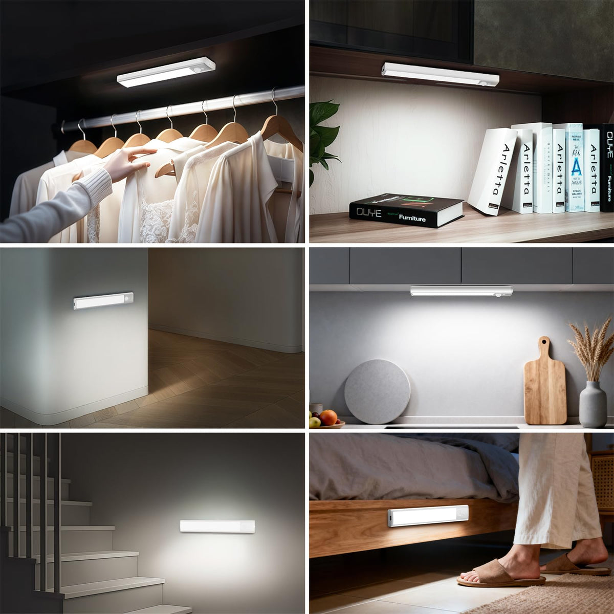 daphomeu 5 Pack Rechargeable Under Cupboard Kitchen Lights, 20CM Dimmable Warm Cabinet Light, LED Motion Sensor Lights Indoor, Magnetic Stick Light for Kitchen Shelf Stairs Wardrobe