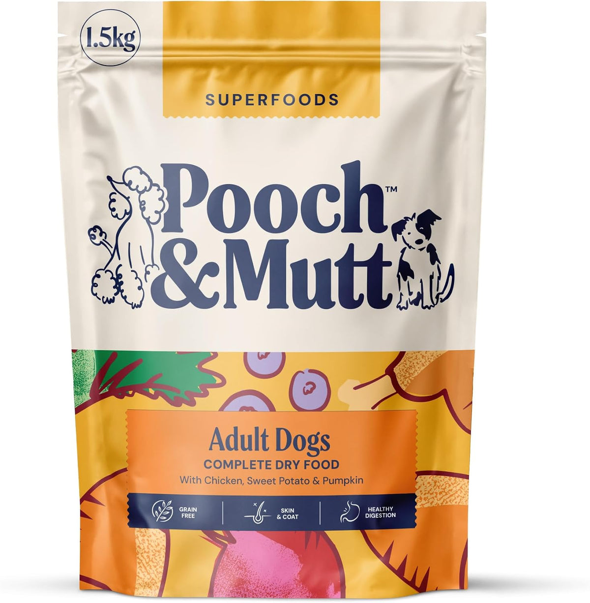 Pooch & Mutt - Adult Superfood Complete Dry Dog Food Grain Free (Regular Sized Kibble), Chicken, 1.5kg (packaging may vary)