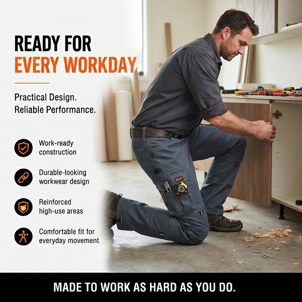 WrightFits Men Pro-11 Work Trousers Black - Heavy Duty Safety Combat Cargo Pant - Multi Pockets & Knee Pad Pockets - Triple Stitched -Durable Work wear (28W-48W)
