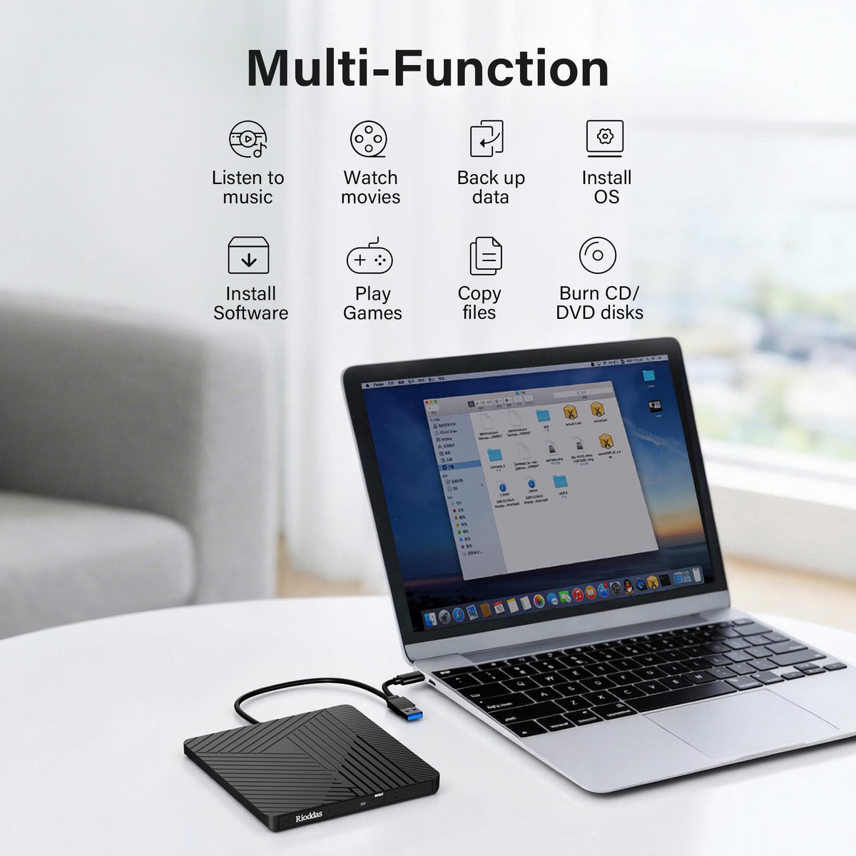 Rioddas External CD Drive, USB 3.0 Portable CD/DVD +/-RW Drive Slim DVD/CD ROM Rewriter Burner for Laptop Desktop PC Windows and Linux OS Apple Mac Macbook Pro