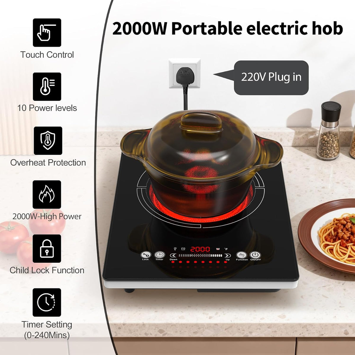 GIHETKUT single electric hob,220V 2000W Electric Hob with LED Touch Control,10 Power Levels, 4H Timer, Safety Lock,portable single burner hob Overheat protection