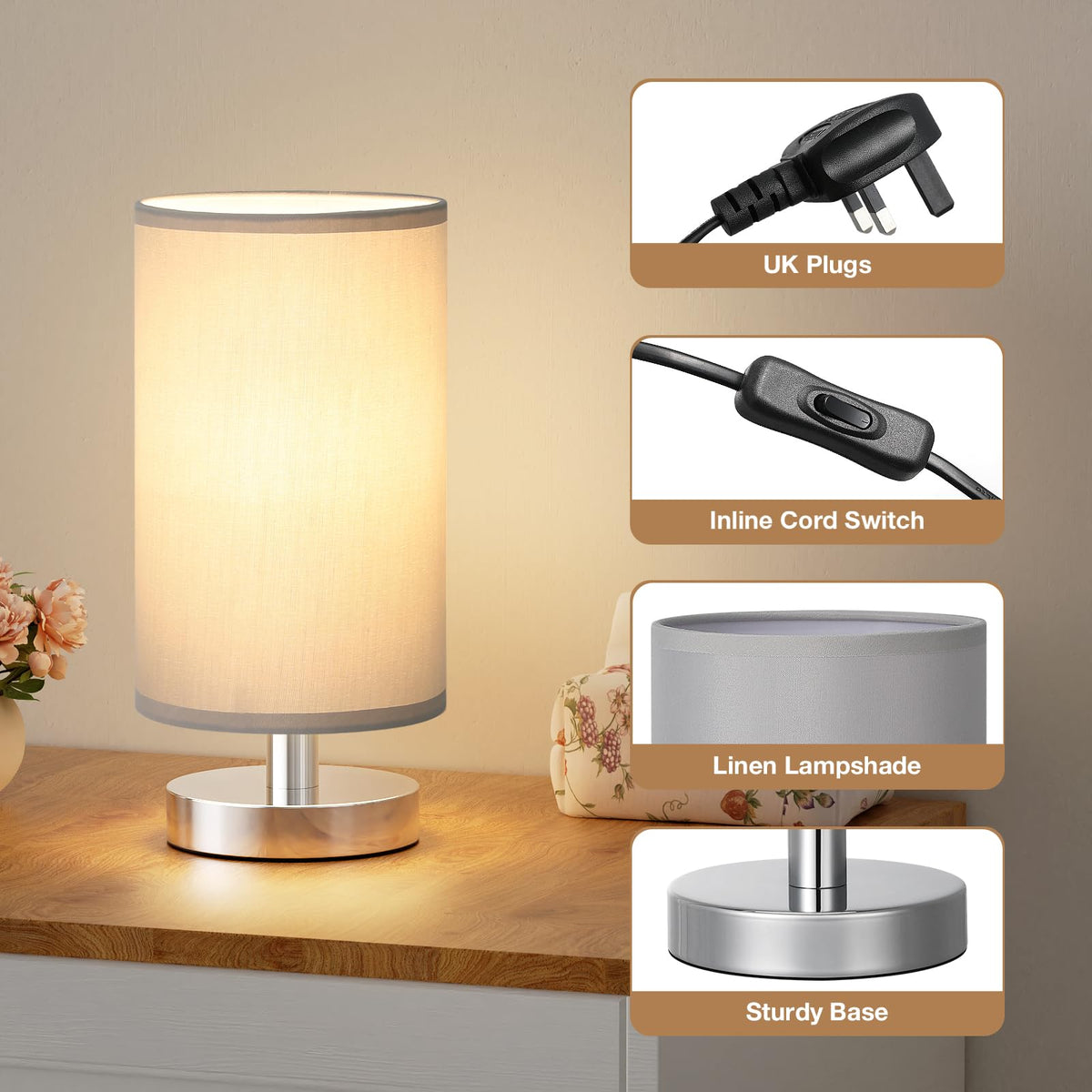 Aooshine Bedside Lamps, 3000K Warm Table Lamp for Bedroom Living Room