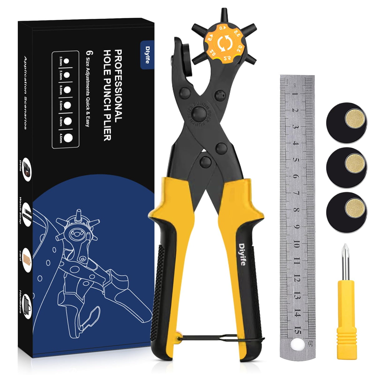 Diyife Belt Hole Puncher for Leather, 6 Sizes, Effortless Dual-Lever Design