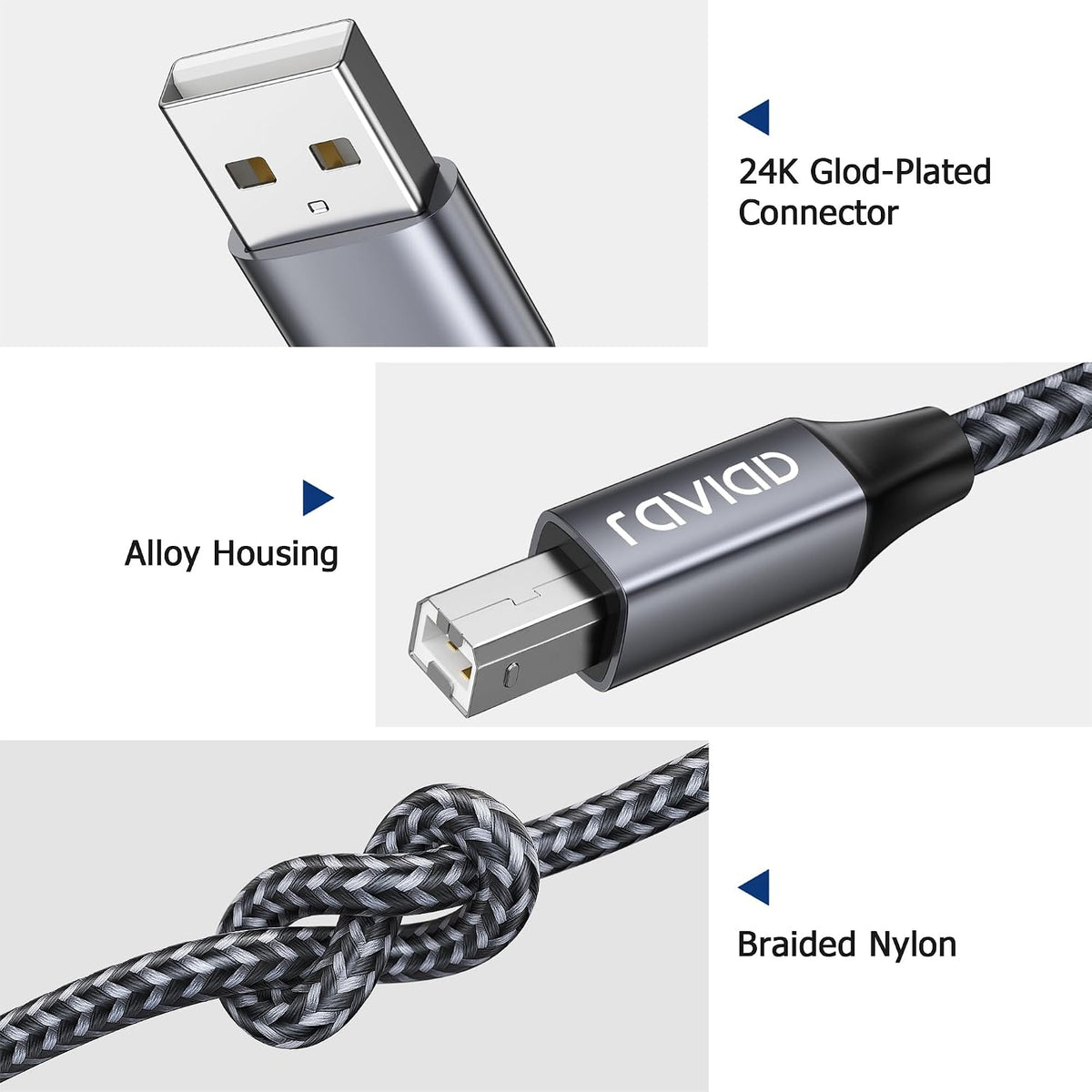 RAVIAD USB Printer Cable 2M, USB 2.0 Type A Male to B Male Nylon Braided