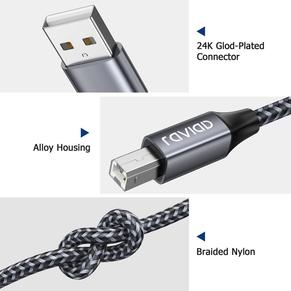 RAVIAD USB Printer Cable 2M, USB 2.0 Type A Male to B Male Nylon Braided