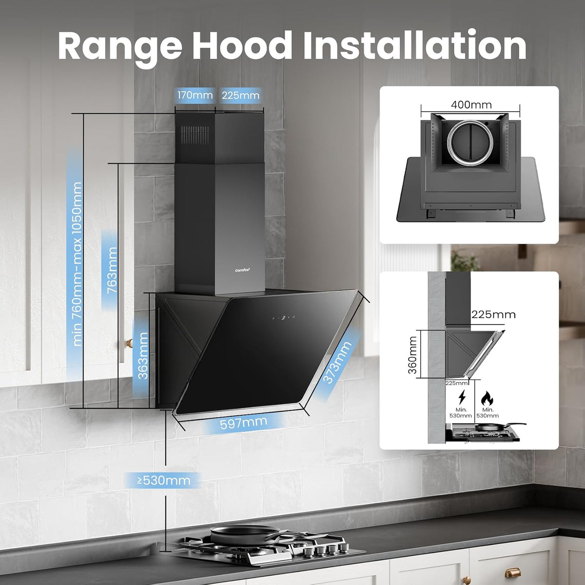 COMFEE' 60cm Angled Cooker Hood, Wall Mounted, Black