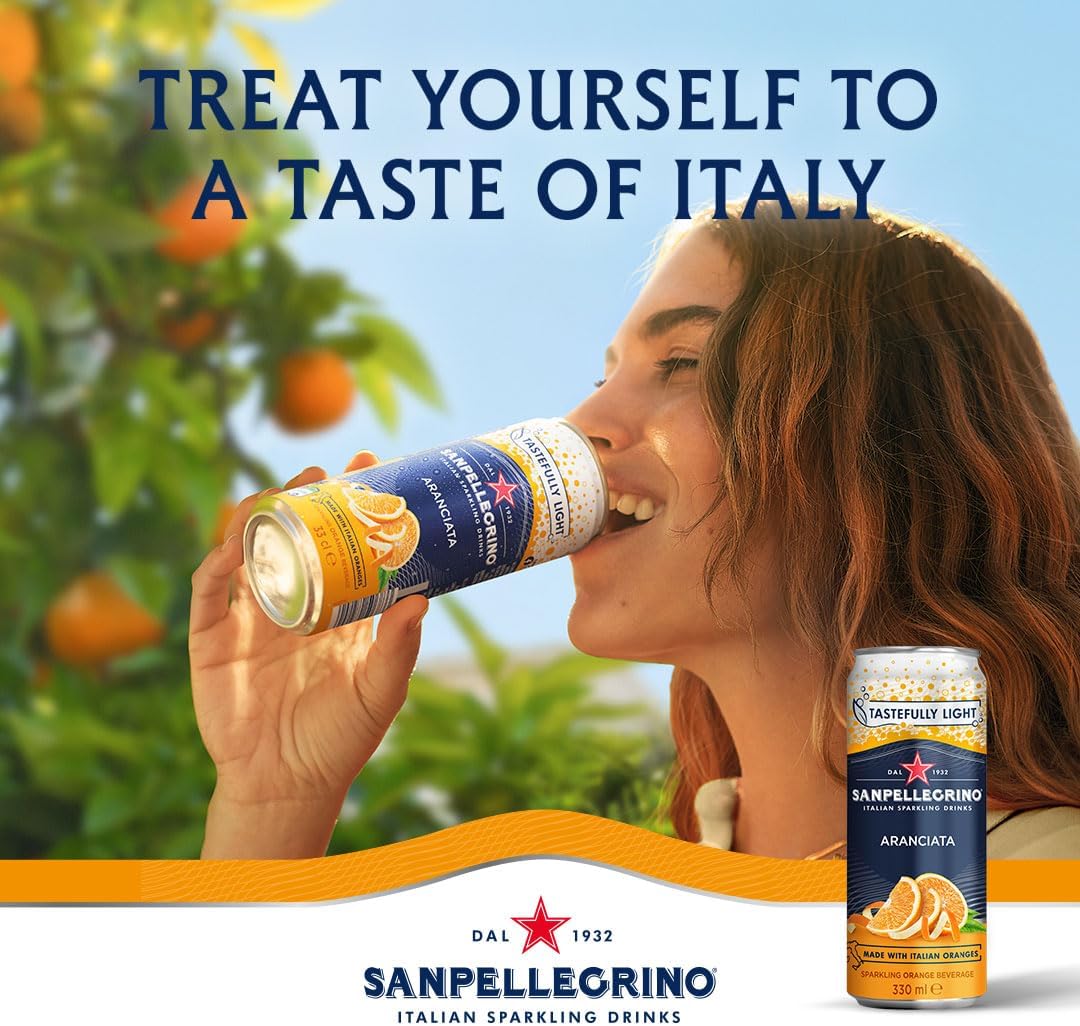 San Pellegrino Italian Sparkling Drinks Tastefully Light Sparkling Orange Canned Soft Drink 12 x 330ml | 64k Cals per Can (Pack of 2)